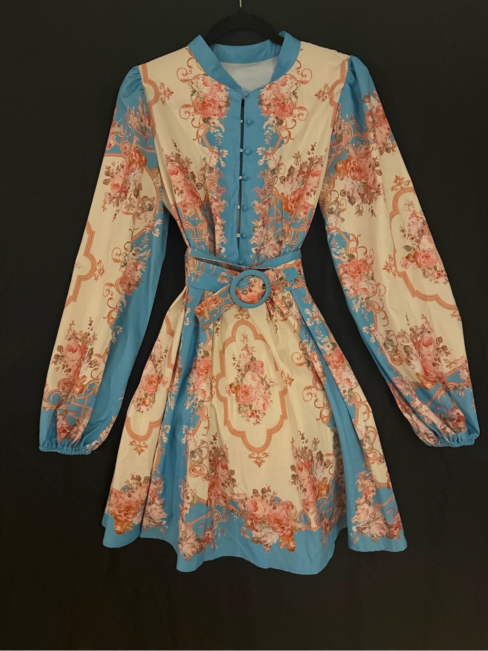 Blue Floral Belted Long-Sleeve Mini Dress #200